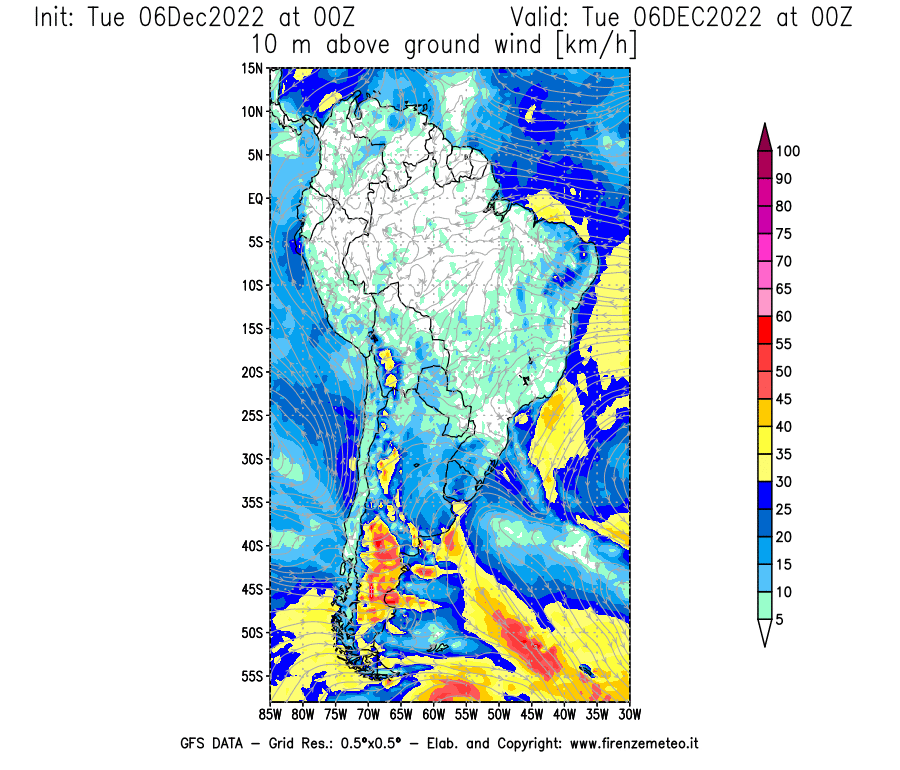 Mappa di analisi GFS - Velocità del vento a 10 metri dal suolo [km/h] in Sud-America
							del 06/12/2022 00 <!--googleoff: index-->UTC<!--googleon: index-->