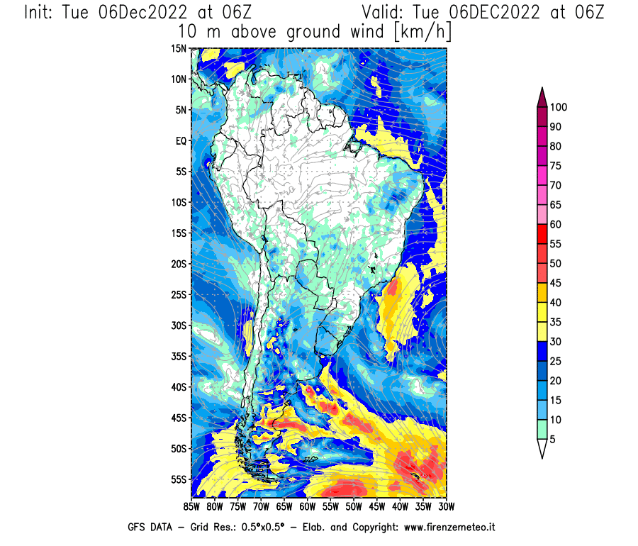 Mappa di analisi GFS - Velocità del vento a 10 metri dal suolo [km/h] in Sud-America
							del 06/12/2022 06 <!--googleoff: index-->UTC<!--googleon: index-->