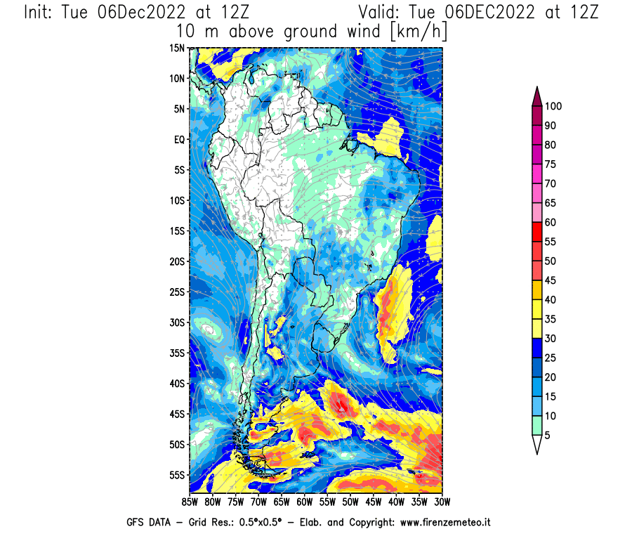 Mappa di analisi GFS - Velocità del vento a 10 metri dal suolo [km/h] in Sud-America
							del 06/12/2022 12 <!--googleoff: index-->UTC<!--googleon: index-->