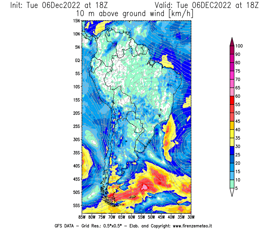 Mappa di analisi GFS - Velocità del vento a 10 metri dal suolo [km/h] in Sud-America
							del 06/12/2022 18 <!--googleoff: index-->UTC<!--googleon: index-->