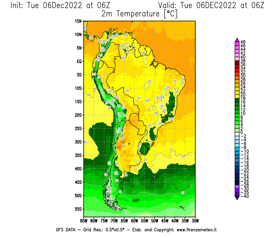 Mappa di analisi GFS - Temperatura a 2 metri dal suolo [°C] in Sud-America
							del 06/12/2022 06 <!--googleoff: index-->UTC<!--googleon: index-->
