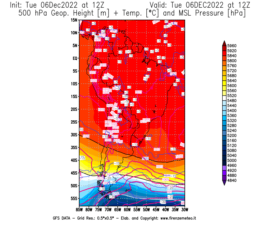 Mappa di analisi GFS - Geopotenziale [m] + Temp. [°C] a 500 hPa + Press. a livello del mare [hPa] in Sud-America
							del 06/12/2022 12 <!--googleoff: index-->UTC<!--googleon: index-->