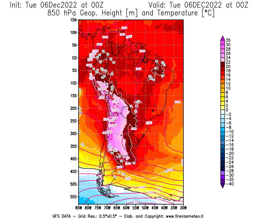 Mappa di analisi GFS - Geopotenziale [m] e Temperatura [°C] a 850 hPa in Sud-America
							del 06/12/2022 00 <!--googleoff: index-->UTC<!--googleon: index-->
