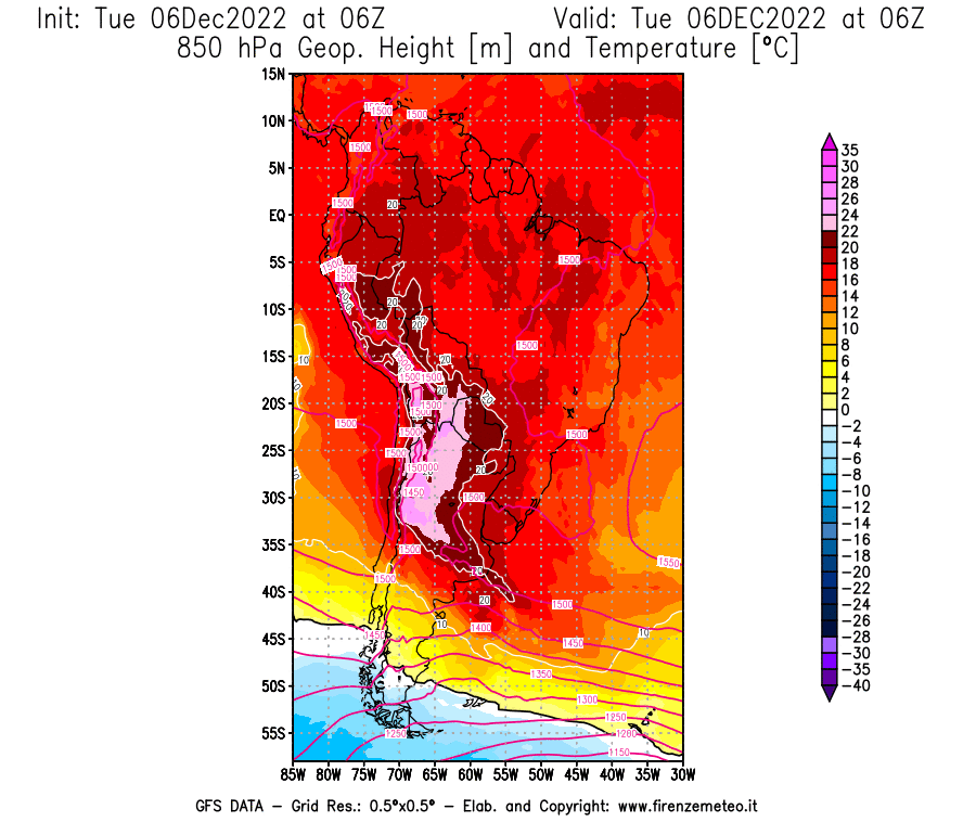 Mappa di analisi GFS - Geopotenziale [m] e Temperatura [°C] a 850 hPa in Sud-America
							del 06/12/2022 06 <!--googleoff: index-->UTC<!--googleon: index-->