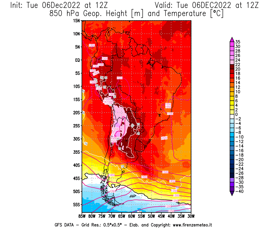 Mappa di analisi GFS - Geopotenziale [m] e Temperatura [°C] a 850 hPa in Sud-America
							del 06/12/2022 12 <!--googleoff: index-->UTC<!--googleon: index-->