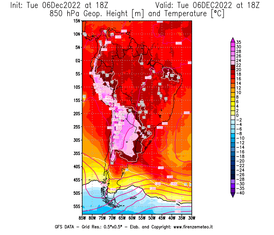 Mappa di analisi GFS - Geopotenziale [m] e Temperatura [°C] a 850 hPa in Sud-America
							del 06/12/2022 18 <!--googleoff: index-->UTC<!--googleon: index-->