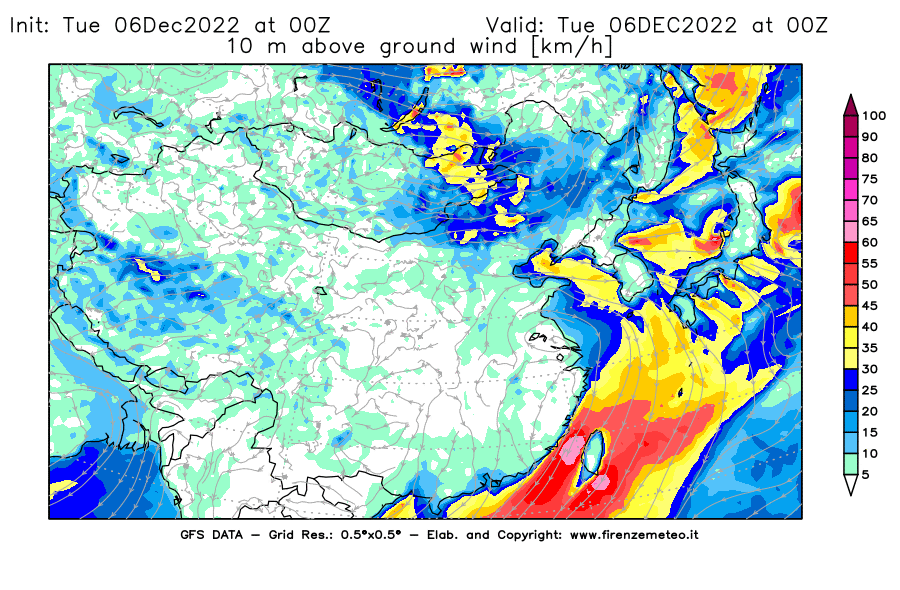 Mappa di analisi GFS - Velocità del vento a 10 metri dal suolo [km/h] in Asia Orientale
							del 06/12/2022 00 <!--googleoff: index-->UTC<!--googleon: index-->