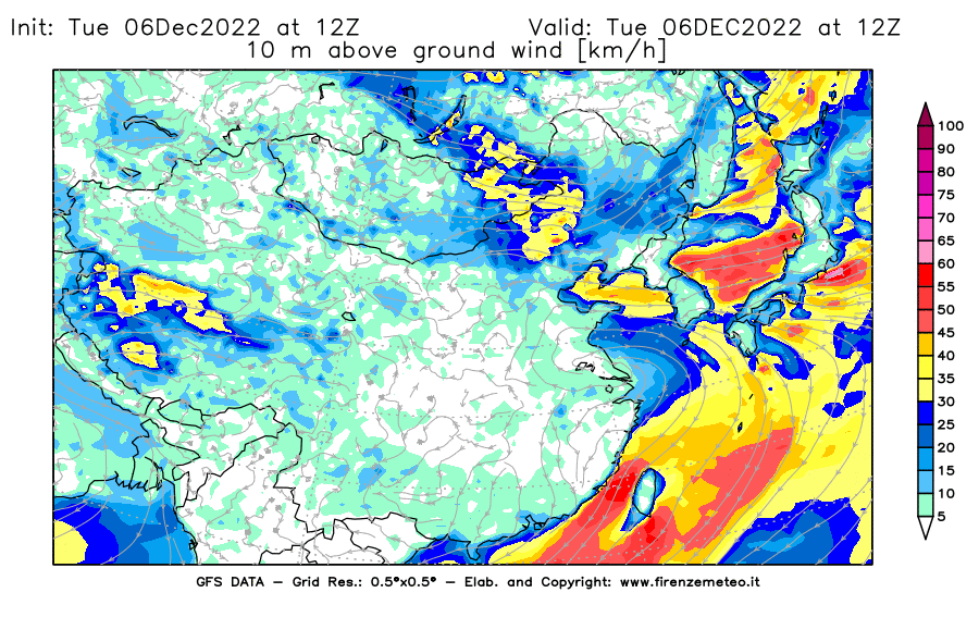 Mappa di analisi GFS - Velocità del vento a 10 metri dal suolo [km/h] in Asia Orientale
							del 06/12/2022 12 <!--googleoff: index-->UTC<!--googleon: index-->