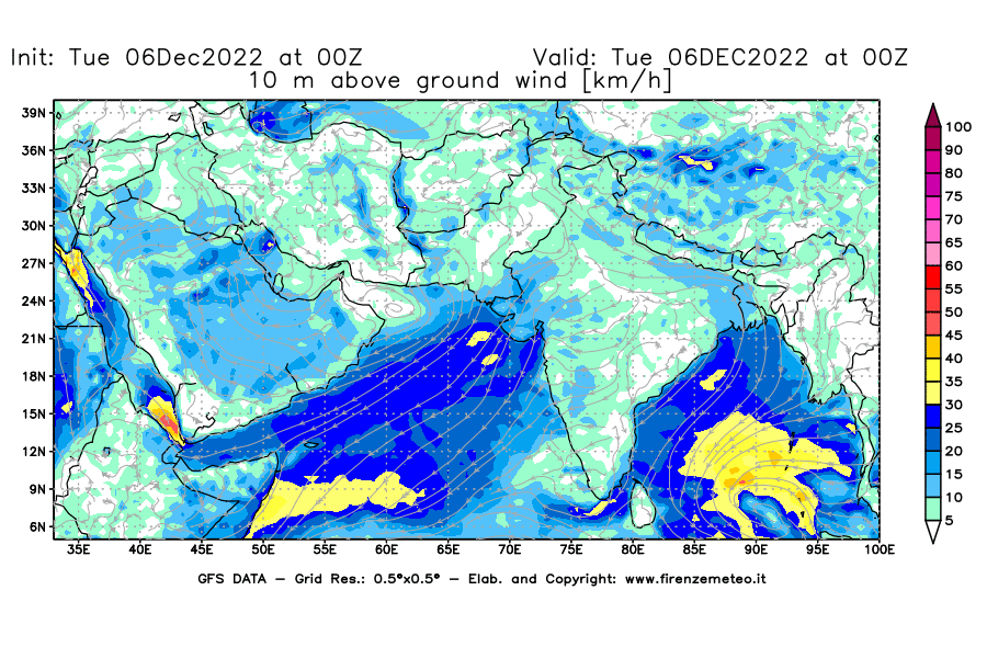 Mappa di analisi GFS - Velocità del vento a 10 metri dal suolo [km/h] in Asia Sud-Occidentale
							del 06/12/2022 00 <!--googleoff: index-->UTC<!--googleon: index-->