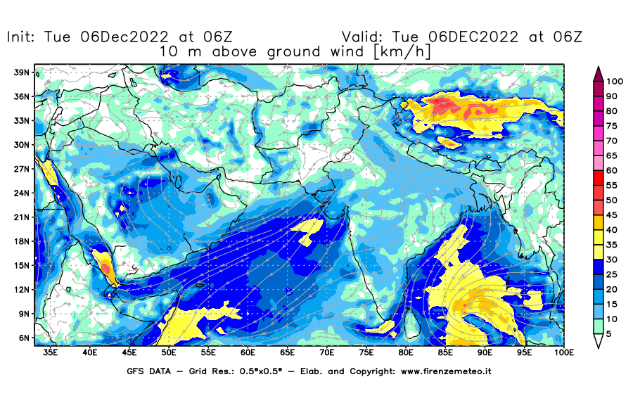 Mappa di analisi GFS - Velocità del vento a 10 metri dal suolo [km/h] in Asia Sud-Occidentale
							del 06/12/2022 06 <!--googleoff: index-->UTC<!--googleon: index-->
