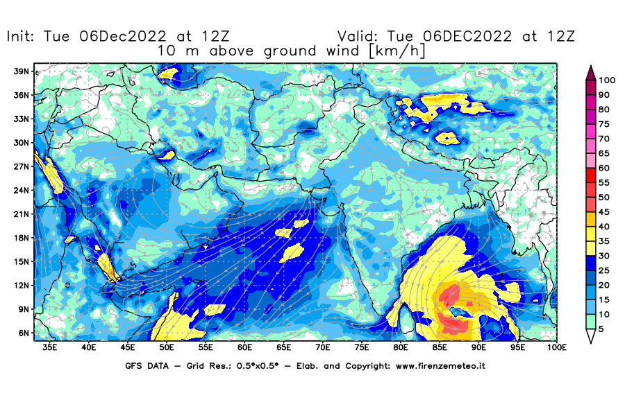 Mappa di analisi GFS - Velocità del vento a 10 metri dal suolo [km/h] in Asia Sud-Occidentale
							del 06/12/2022 12 <!--googleoff: index-->UTC<!--googleon: index-->