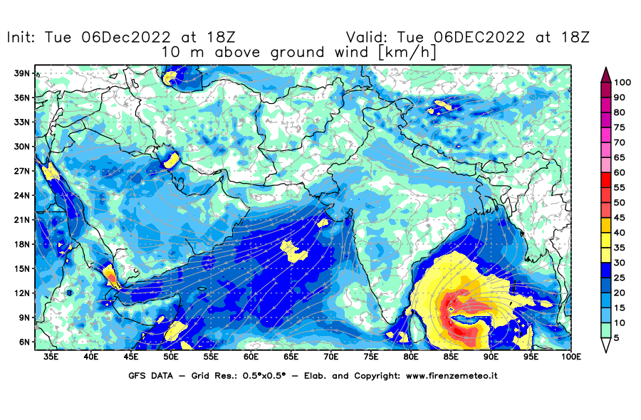 Mappa di analisi GFS - Velocità del vento a 10 metri dal suolo [km/h] in Asia Sud-Occidentale
							del 06/12/2022 18 <!--googleoff: index-->UTC<!--googleon: index-->