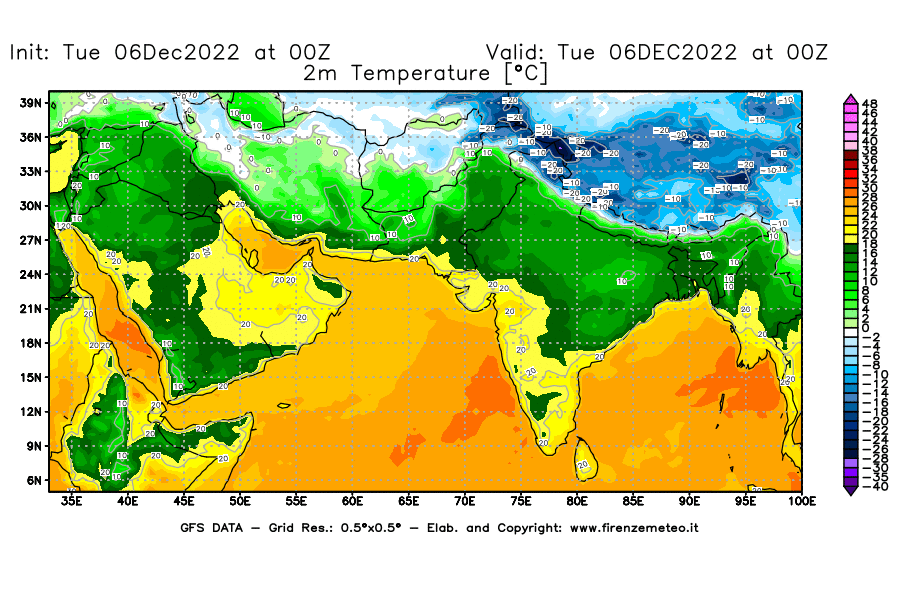 Mappa di analisi GFS - Temperatura a 2 metri dal suolo [°C] in Asia Sud-Occidentale
							del 06/12/2022 00 <!--googleoff: index-->UTC<!--googleon: index-->