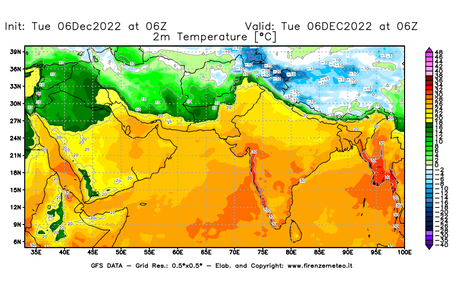 Mappa di analisi GFS - Temperatura a 2 metri dal suolo [°C] in Asia Sud-Occidentale
							del 06/12/2022 06 <!--googleoff: index-->UTC<!--googleon: index-->