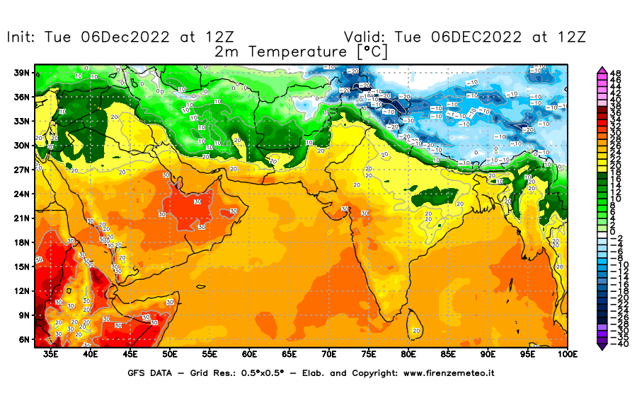 Mappa di analisi GFS - Temperatura a 2 metri dal suolo [°C] in Asia Sud-Occidentale
							del 06/12/2022 12 <!--googleoff: index-->UTC<!--googleon: index-->
