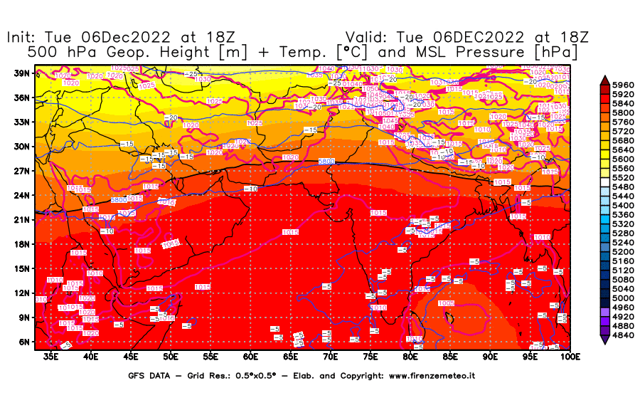 Mappa di analisi GFS - Geopotenziale [m] + Temp. [°C] a 500 hPa + Press. a livello del mare [hPa] in Asia Sud-Occidentale
							del 06/12/2022 18 <!--googleoff: index-->UTC<!--googleon: index-->