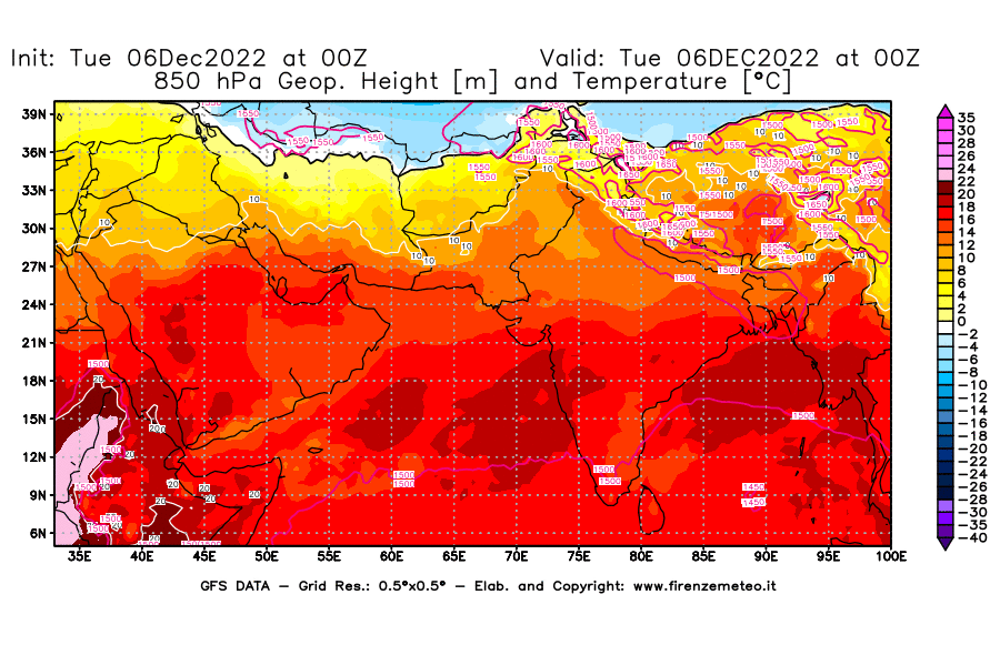 Mappa di analisi GFS - Geopotenziale [m] e Temperatura [°C] a 850 hPa in Asia Sud-Occidentale
							del 06/12/2022 00 <!--googleoff: index-->UTC<!--googleon: index-->