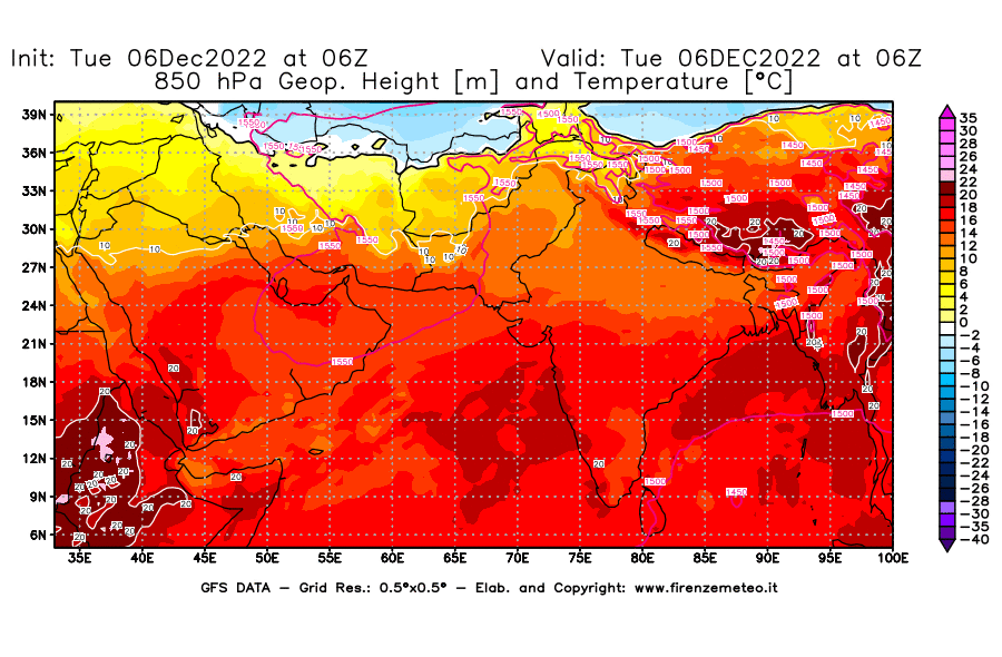 Mappa di analisi GFS - Geopotenziale [m] e Temperatura [°C] a 850 hPa in Asia Sud-Occidentale
							del 06/12/2022 06 <!--googleoff: index-->UTC<!--googleon: index-->