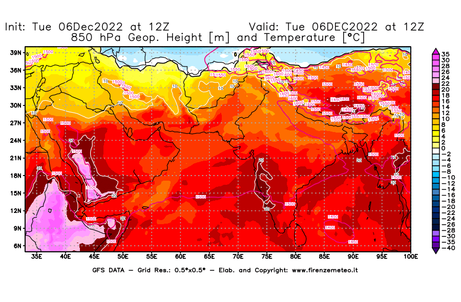 Mappa di analisi GFS - Geopotenziale [m] e Temperatura [°C] a 850 hPa in Asia Sud-Occidentale
							del 06/12/2022 12 <!--googleoff: index-->UTC<!--googleon: index-->