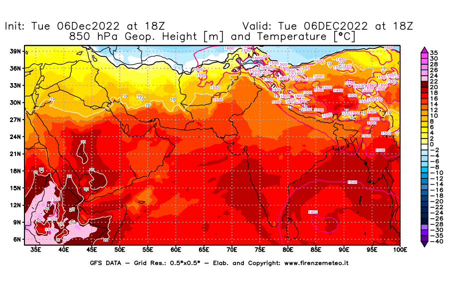 Mappa di analisi GFS - Geopotenziale [m] e Temperatura [°C] a 850 hPa in Asia Sud-Occidentale
							del 06/12/2022 18 <!--googleoff: index-->UTC<!--googleon: index-->