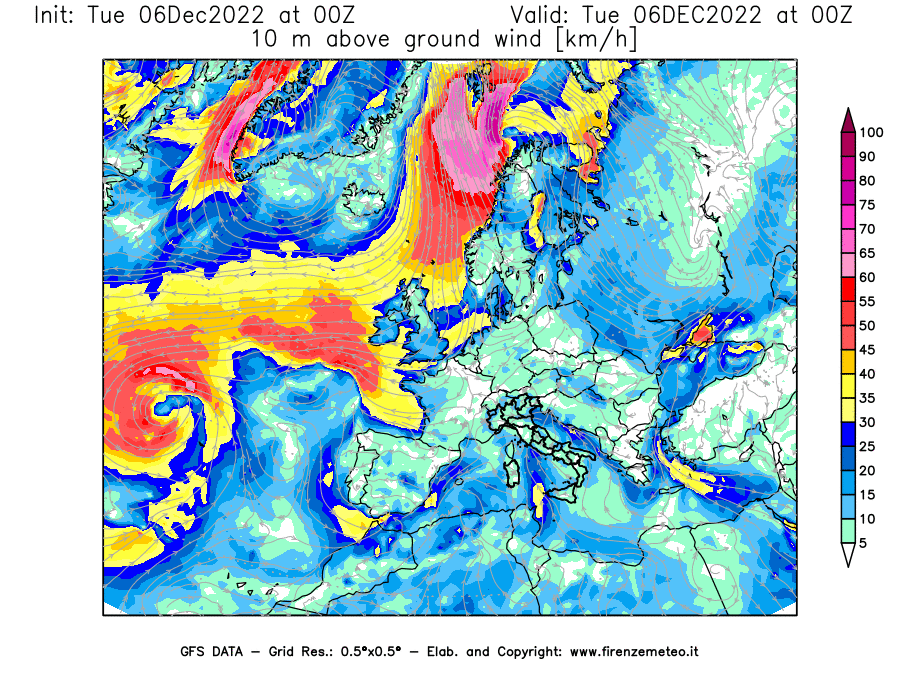 Mappa di analisi GFS - Velocità del vento a 10 metri dal suolo [km/h] in Europa
							del 06/12/2022 00 <!--googleoff: index-->UTC<!--googleon: index-->