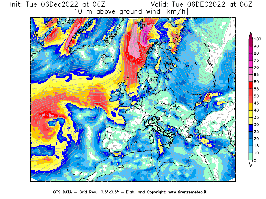 Mappa di analisi GFS - Velocità del vento a 10 metri dal suolo [km/h] in Europa
							del 06/12/2022 06 <!--googleoff: index-->UTC<!--googleon: index-->