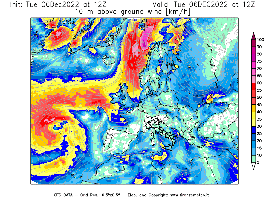 Mappa di analisi GFS - Velocità del vento a 10 metri dal suolo [km/h] in Europa
							del 06/12/2022 12 <!--googleoff: index-->UTC<!--googleon: index-->
