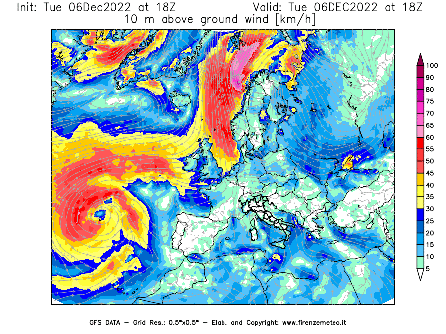 Mappa di analisi GFS - Velocità del vento a 10 metri dal suolo [km/h] in Europa
							del 06/12/2022 18 <!--googleoff: index-->UTC<!--googleon: index-->