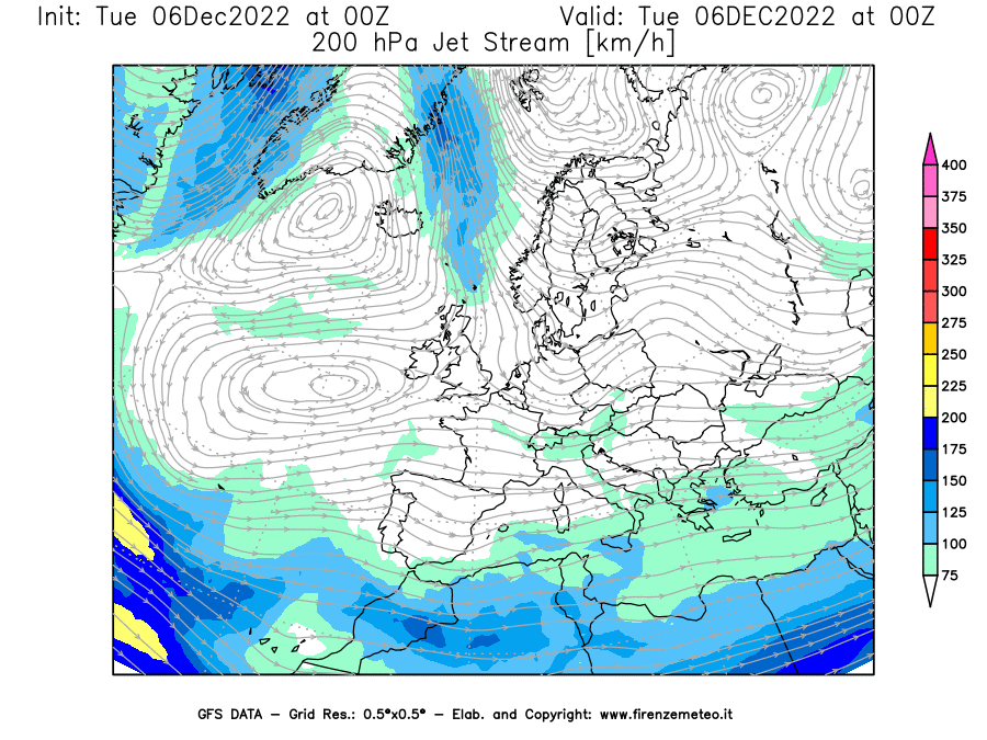 Mappa di analisi GFS - Jet Stream a 200 hPa in Europa
							del 06/12/2022 00 <!--googleoff: index-->UTC<!--googleon: index-->