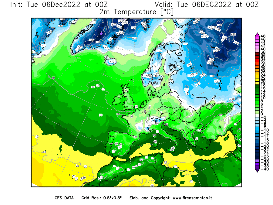 Mappa di analisi GFS - Temperatura a 2 metri dal suolo [°C] in Europa
							del 06/12/2022 00 <!--googleoff: index-->UTC<!--googleon: index-->