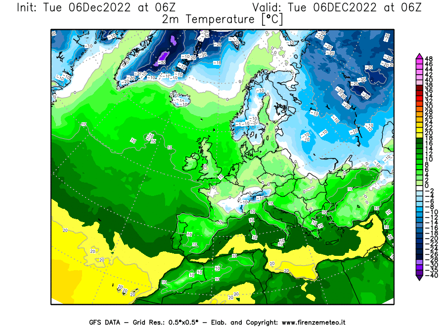 Mappa di analisi GFS - Temperatura a 2 metri dal suolo [°C] in Europa
							del 06/12/2022 06 <!--googleoff: index-->UTC<!--googleon: index-->