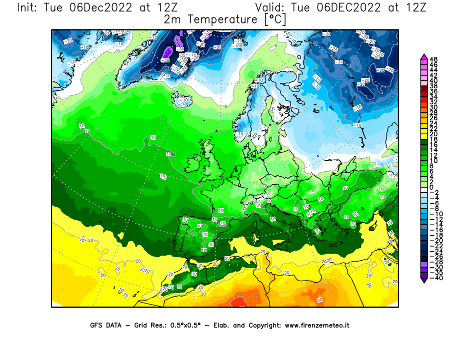 Mappa di analisi GFS - Temperatura a 2 metri dal suolo [°C] in Europa
							del 06/12/2022 12 <!--googleoff: index-->UTC<!--googleon: index-->