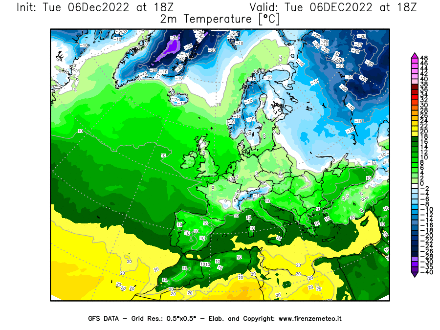 Mappa di analisi GFS - Temperatura a 2 metri dal suolo [°C] in Europa
							del 06/12/2022 18 <!--googleoff: index-->UTC<!--googleon: index-->
