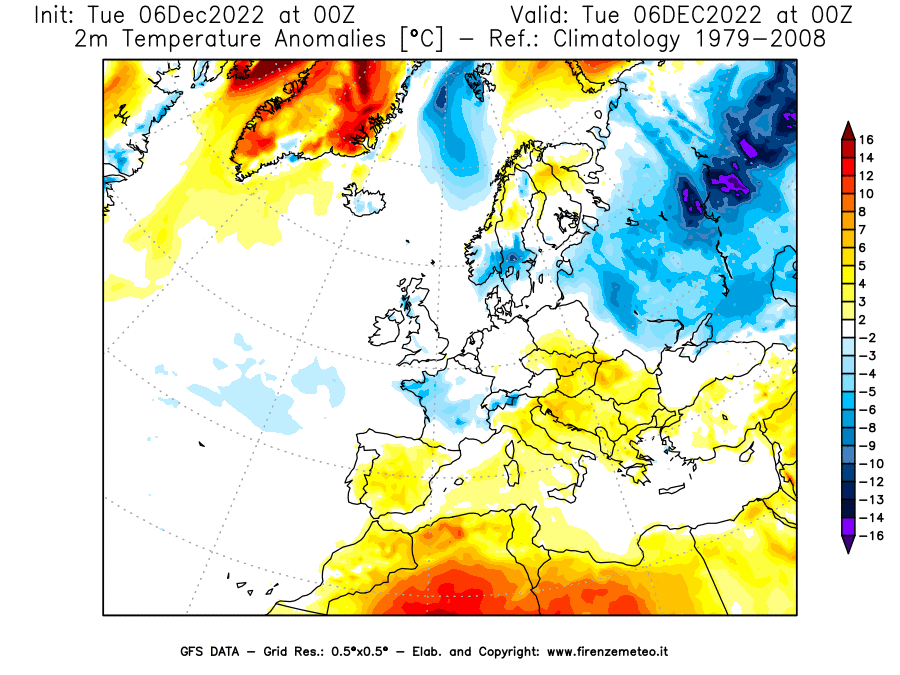 Mappa di analisi GFS - Anomalia Temperatura [°C] a 2 m in Europa
							del 06/12/2022 00 <!--googleoff: index-->UTC<!--googleon: index-->