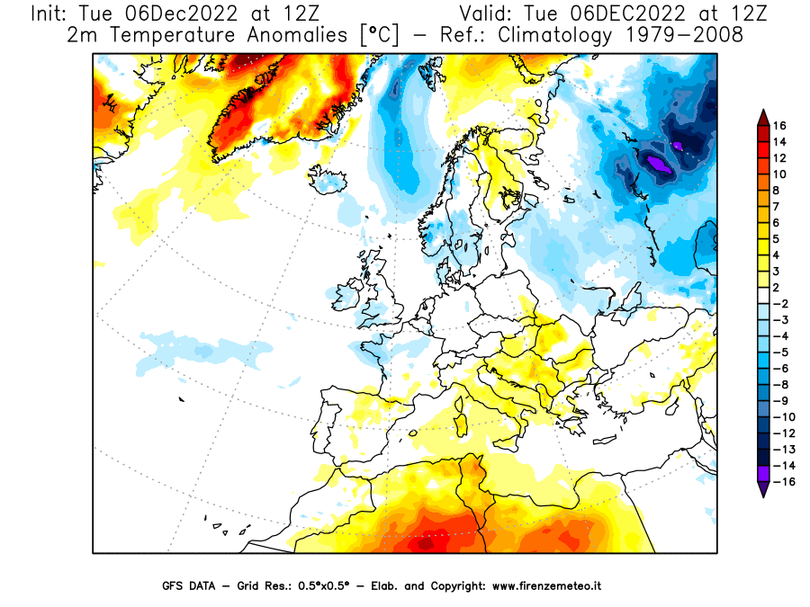 Mappa di analisi GFS - Anomalia Temperatura [°C] a 2 m in Europa
							del 06/12/2022 12 <!--googleoff: index-->UTC<!--googleon: index-->