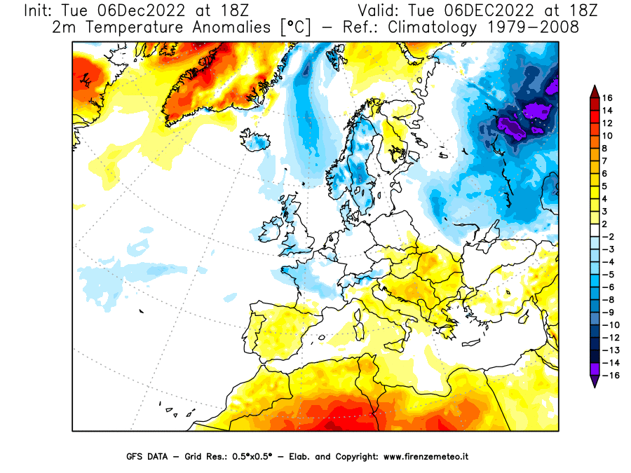 Mappa di analisi GFS - Anomalia Temperatura [°C] a 2 m in Europa
							del 06/12/2022 18 <!--googleoff: index-->UTC<!--googleon: index-->