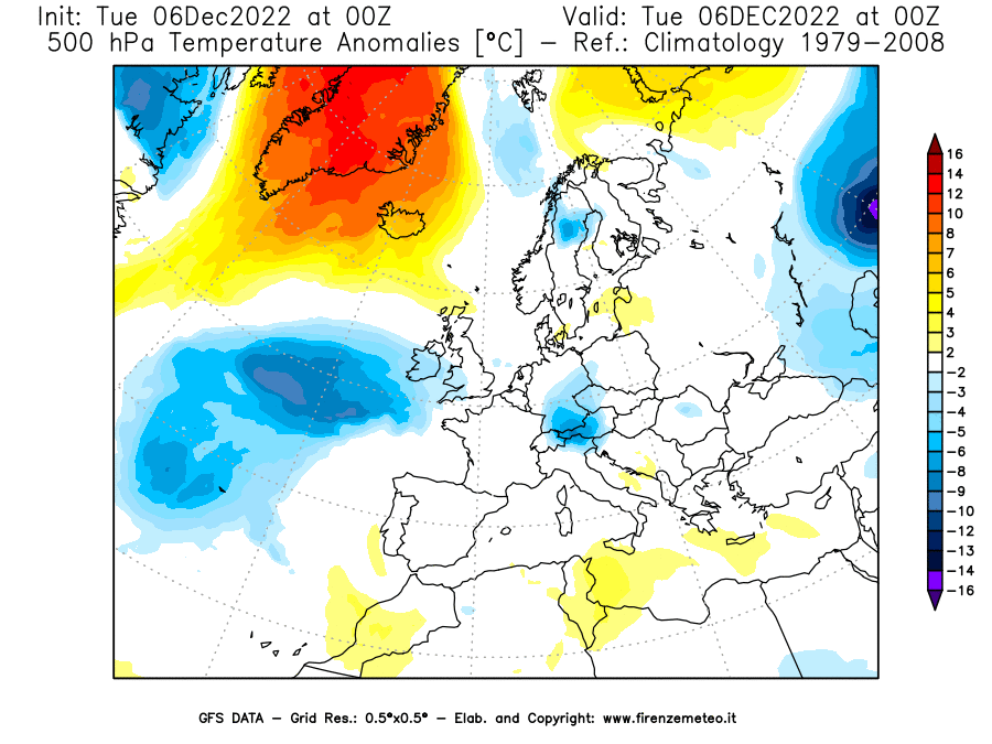 Mappa di analisi GFS - Anomalia Temperatura [°C] a 500 hPa in Europa
							del 06/12/2022 00 <!--googleoff: index-->UTC<!--googleon: index-->