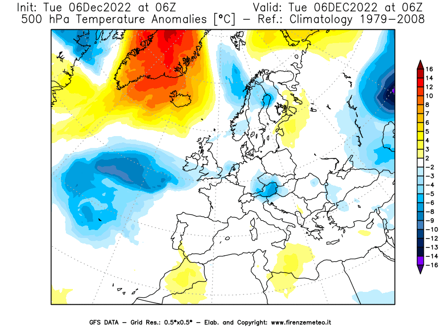 Mappa di analisi GFS - Anomalia Temperatura [°C] a 500 hPa in Europa
							del 06/12/2022 06 <!--googleoff: index-->UTC<!--googleon: index-->