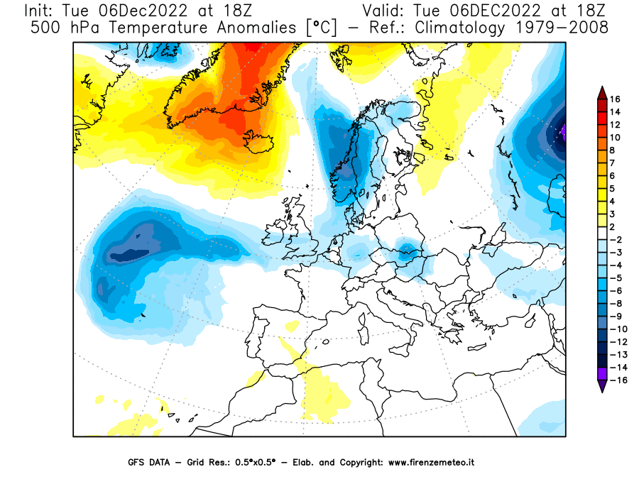 Mappa di analisi GFS - Anomalia Temperatura [°C] a 500 hPa in Europa
							del 06/12/2022 18 <!--googleoff: index-->UTC<!--googleon: index-->
