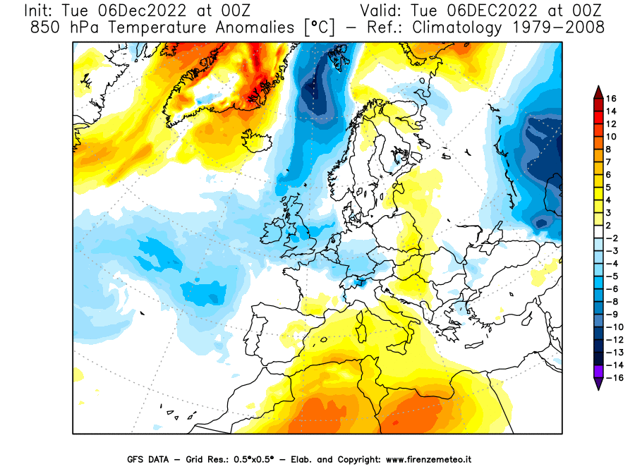 Mappa di analisi GFS - Anomalia Temperatura [°C] a 850 hPa in Europa
							del 06/12/2022 00 <!--googleoff: index-->UTC<!--googleon: index-->