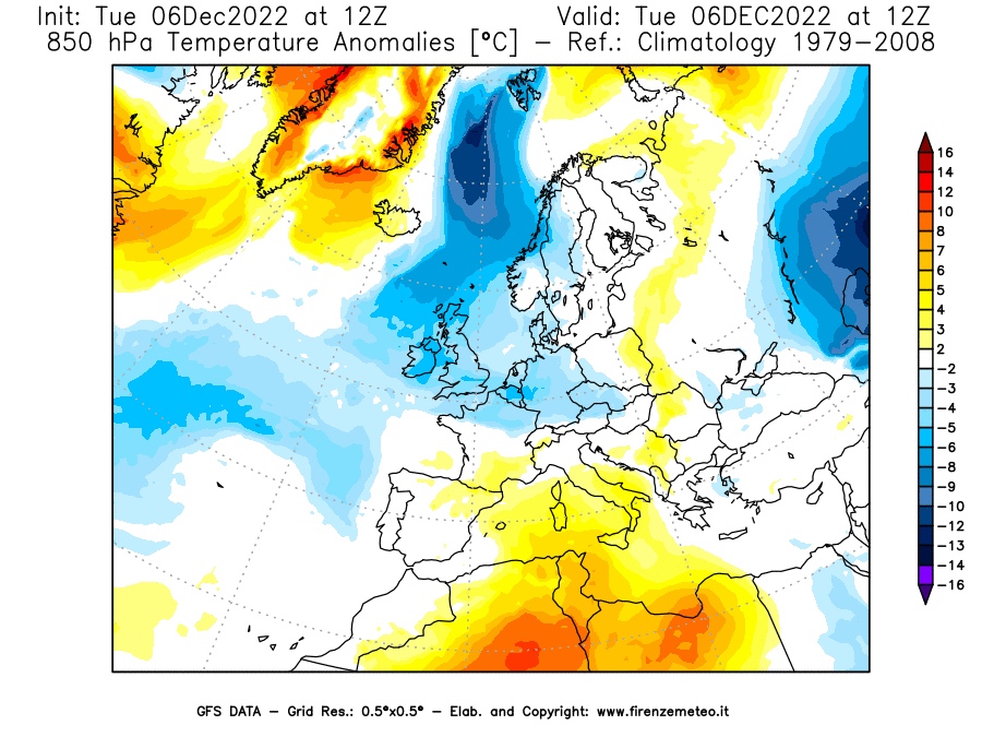 Mappa di analisi GFS - Anomalia Temperatura [°C] a 850 hPa in Europa
							del 06/12/2022 12 <!--googleoff: index-->UTC<!--googleon: index-->