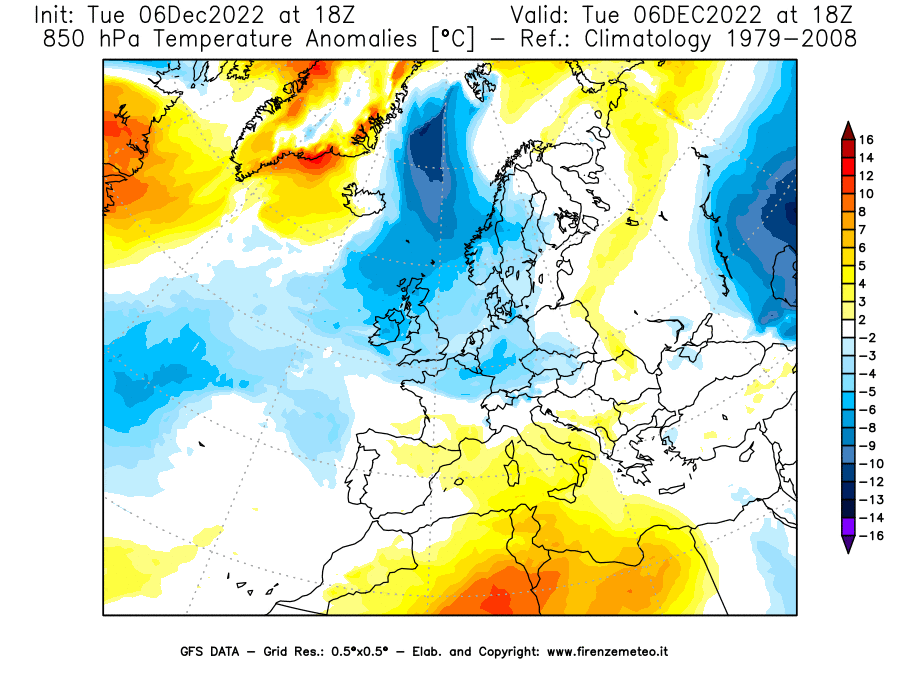 Mappa di analisi GFS - Anomalia Temperatura [°C] a 850 hPa in Europa
							del 06/12/2022 18 <!--googleoff: index-->UTC<!--googleon: index-->