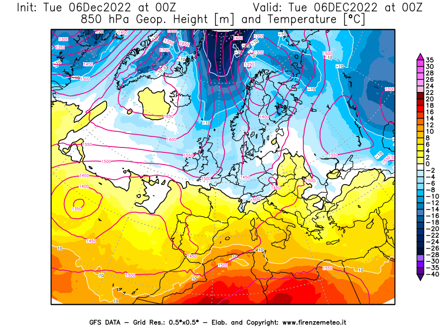 Mappa di analisi GFS - Geopotenziale [m] e Temperatura [°C] a 850 hPa in Europa
							del 06/12/2022 00 <!--googleoff: index-->UTC<!--googleon: index-->