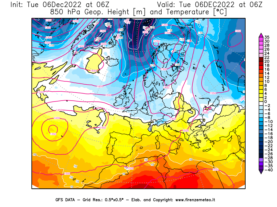 Mappa di analisi GFS - Geopotenziale [m] e Temperatura [°C] a 850 hPa in Europa
							del 06/12/2022 06 <!--googleoff: index-->UTC<!--googleon: index-->
