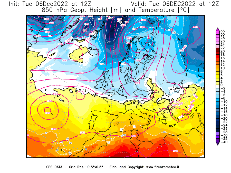 Mappa di analisi GFS - Geopotenziale [m] e Temperatura [°C] a 850 hPa in Europa
							del 06/12/2022 12 <!--googleoff: index-->UTC<!--googleon: index-->