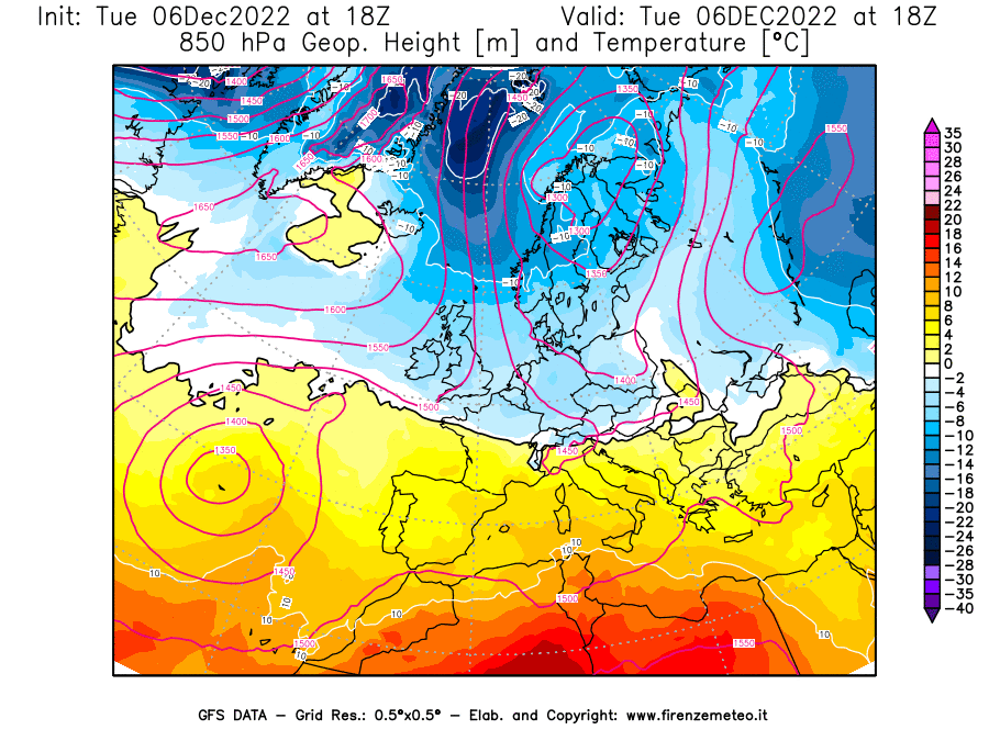 Mappa di analisi GFS - Geopotenziale [m] e Temperatura [°C] a 850 hPa in Europa
							del 06/12/2022 18 <!--googleoff: index-->UTC<!--googleon: index-->