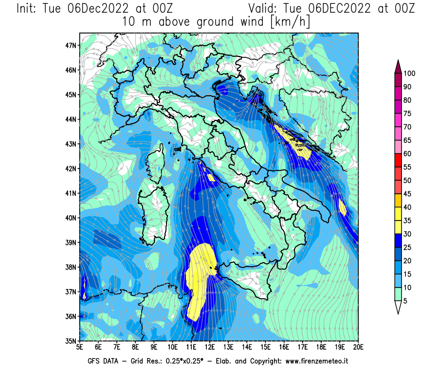 Mappa di analisi GFS - Velocità del vento a 10 metri dal suolo [km/h] in Italia
							del 06/12/2022 00 <!--googleoff: index-->UTC<!--googleon: index-->