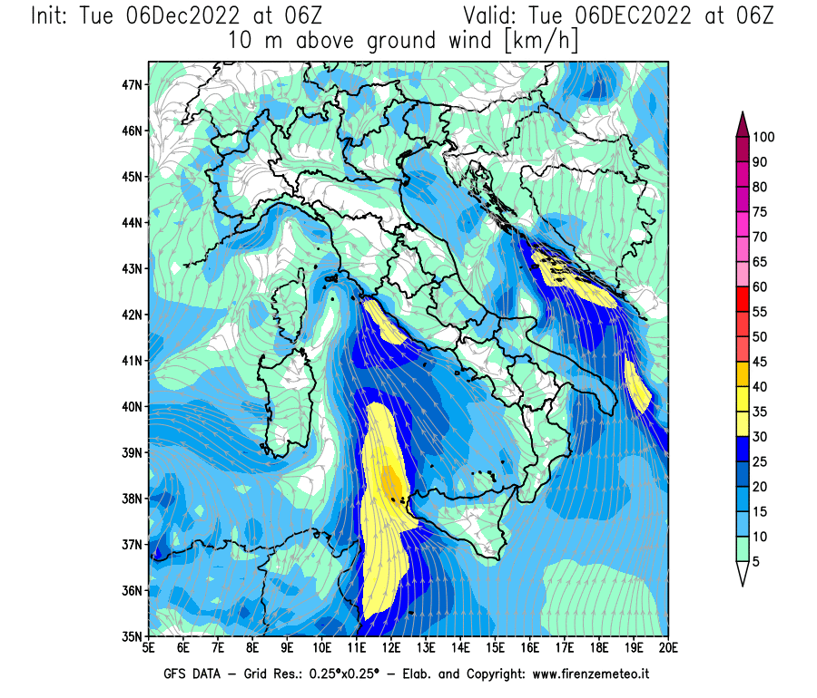 Mappa di analisi GFS - Velocità del vento a 10 metri dal suolo [km/h] in Italia
							del 06/12/2022 06 <!--googleoff: index-->UTC<!--googleon: index-->