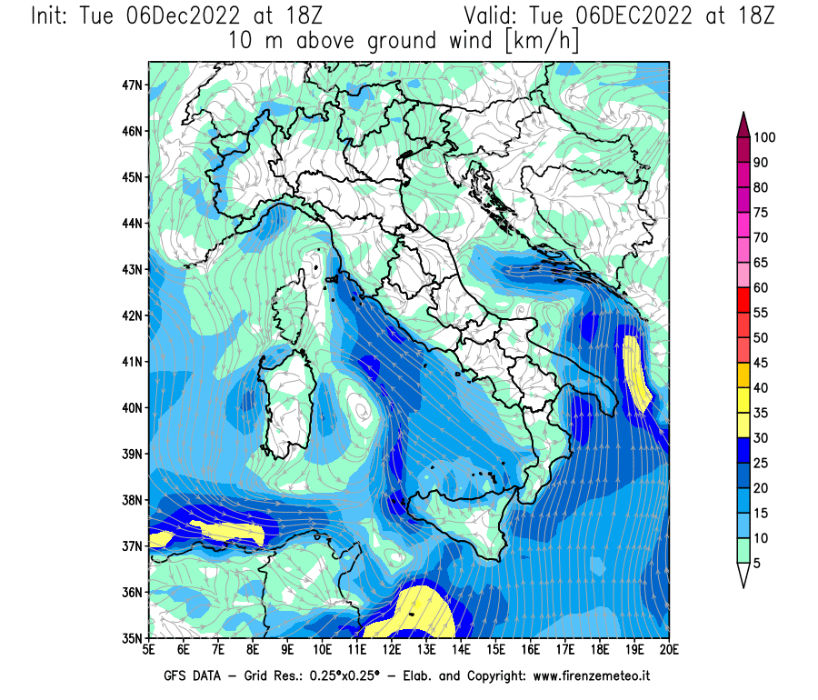 Mappa di analisi GFS - Velocità del vento a 10 metri dal suolo [km/h] in Italia
							del 06/12/2022 18 <!--googleoff: index-->UTC<!--googleon: index-->