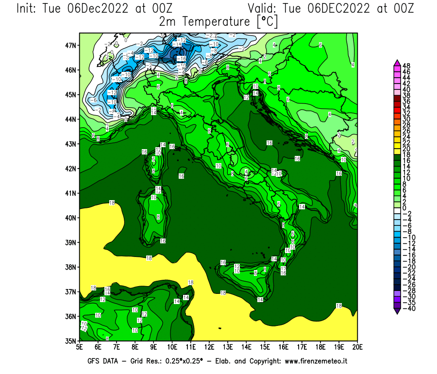 Mappa di analisi GFS - Temperatura a 2 metri dal suolo [°C] in Italia
							del 06/12/2022 00 <!--googleoff: index-->UTC<!--googleon: index-->